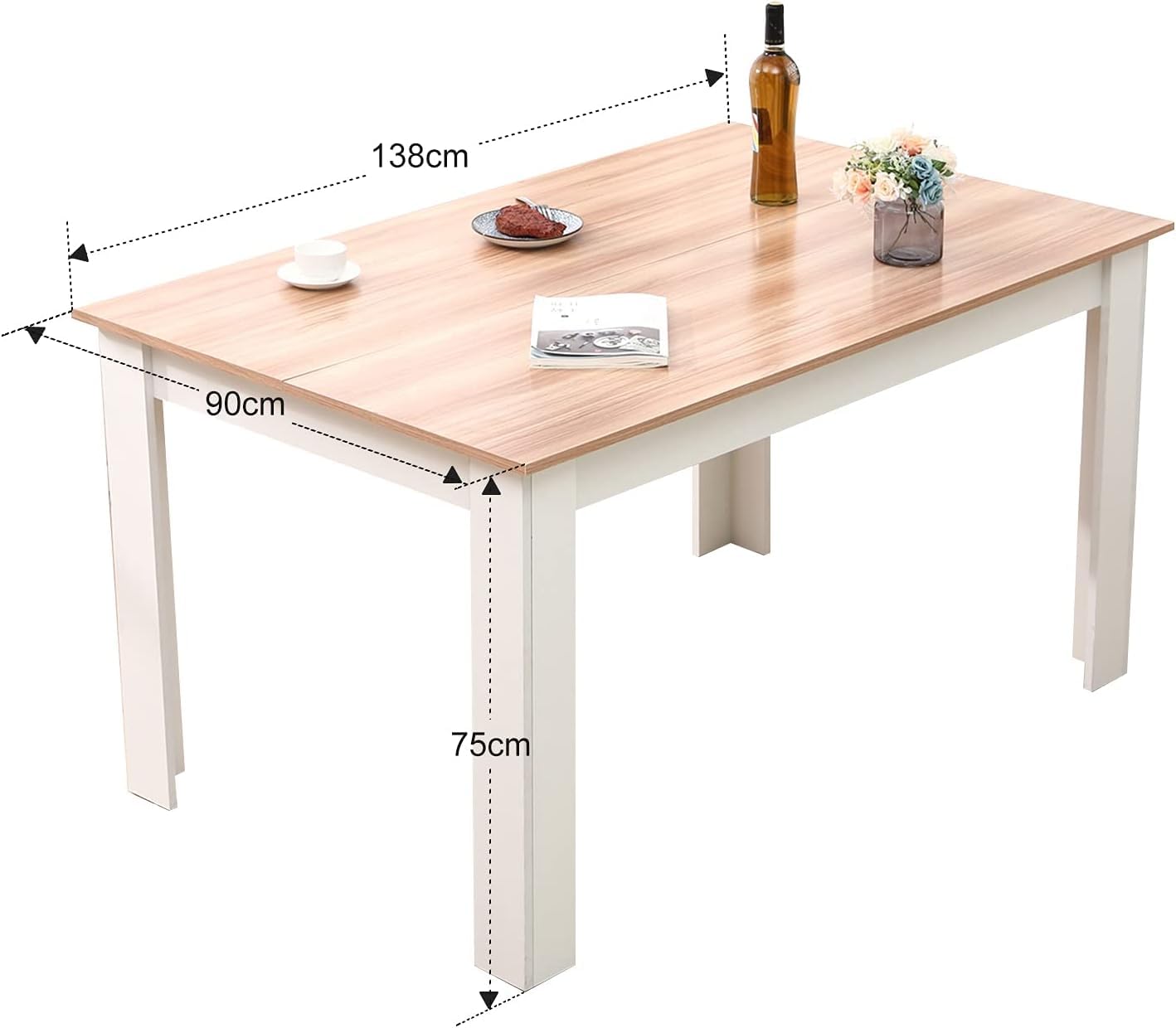 Mondeer Esstisch mit 6 Stühlen Set, Essgruppe mit Hochlehner Kunstleder Stuhl für Küche Esszimmer Wohnzimmer, W138 x D90 x H75 cm, Weiß und Grau