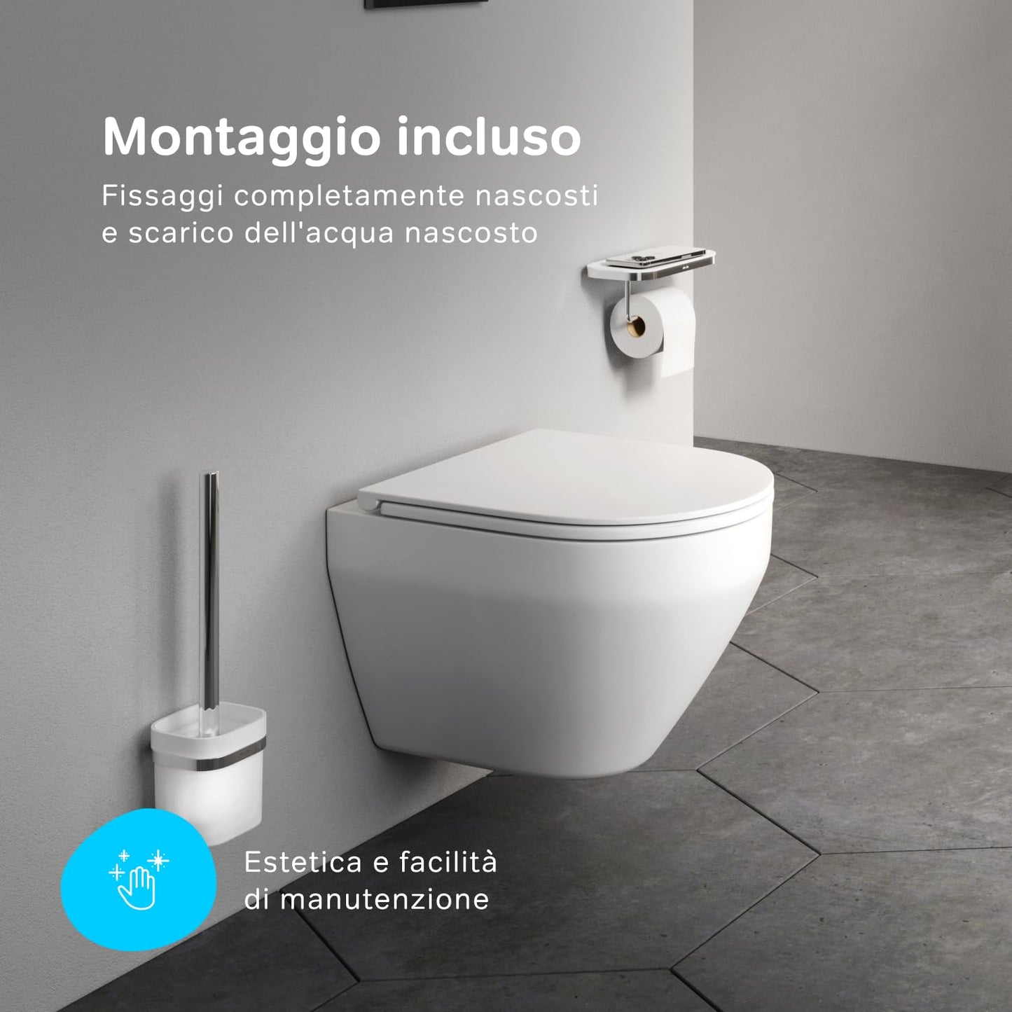 AM.PM X-Joy S - Spülrandlos Hänge WC, Tiefspül Toilette FlashClean, Wand WC mit Toilettendeckel mit Absenkautomatik, Hänge Toilette aus Keramik, Weiß, 50 cm lang