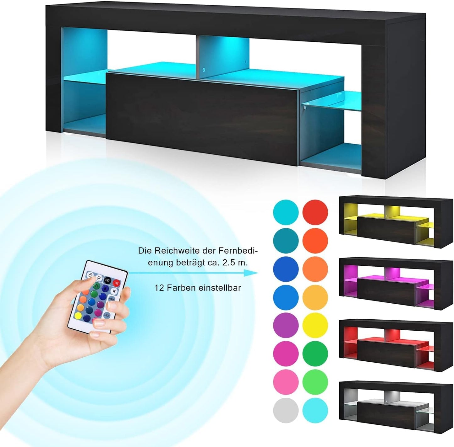 SONNI Modern TV Cabinet 180 cm, Lowboard High Gloss White with 16 Colours LED Lighting, Drawer, Open Glass Shelves, TV Stand for TVs up to 65 Inches, Living Room & Bedroom, 180 x 35 x 45 cm