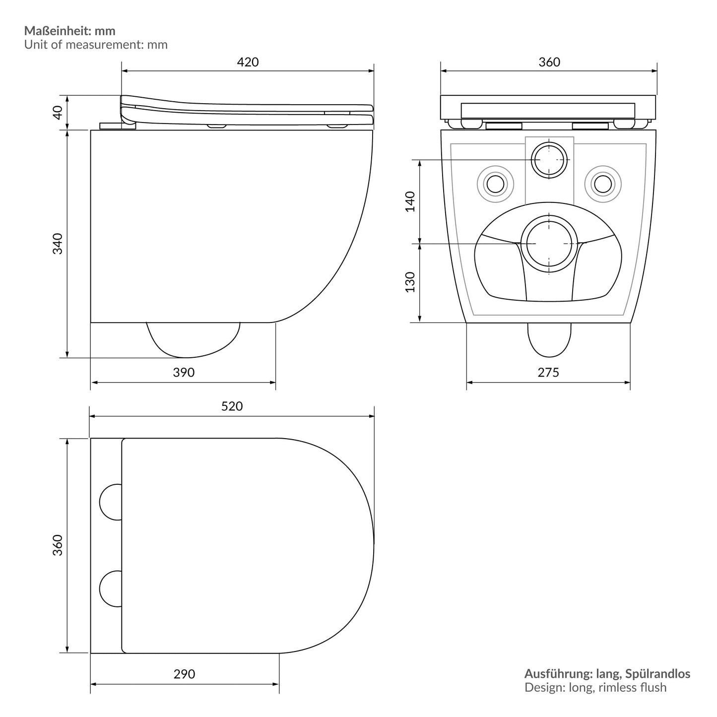 ECD Germany Rimless Wall-Mounted Toilet Ceramic White Matt with Nano Coating, Wall Toilet Long 52 cm, Removable Toilet Seat Made of Duroplast Soft Close Mechanism, Deep Washdown with Lotus Effect