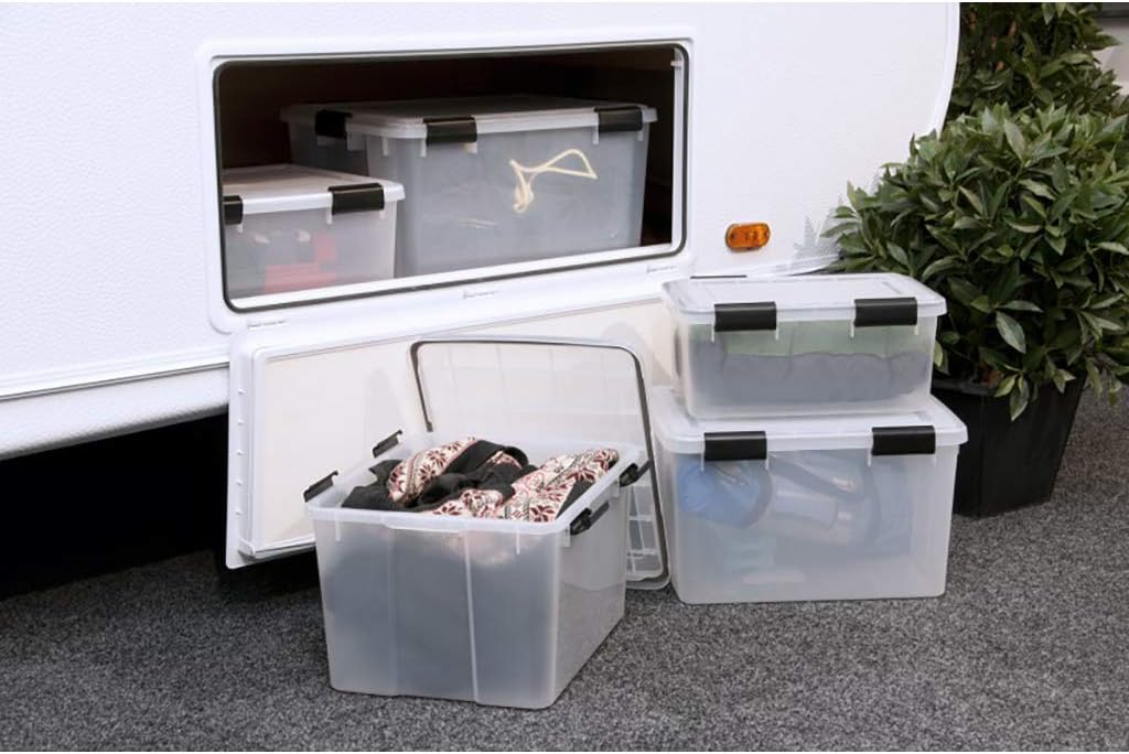 Kreher Pack of 4 XL Storage Boxes Made of Transparent Plastic with Sealing Ring in Lid for Moisture, Dust and Dirt Dimensions Approx. 39 x 59 x 38 cm 70 Litre Volume Top Quality