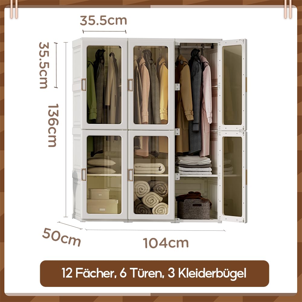 MAYIBOX Foldable Wardrobe, 104 x 170 x 50 cm, Quick Assembly, Versatile Wardrobe with Clothes Rail and Magnetic Doors, Perfect for Bedroom and Living Room, Brown Transparent Door Plate