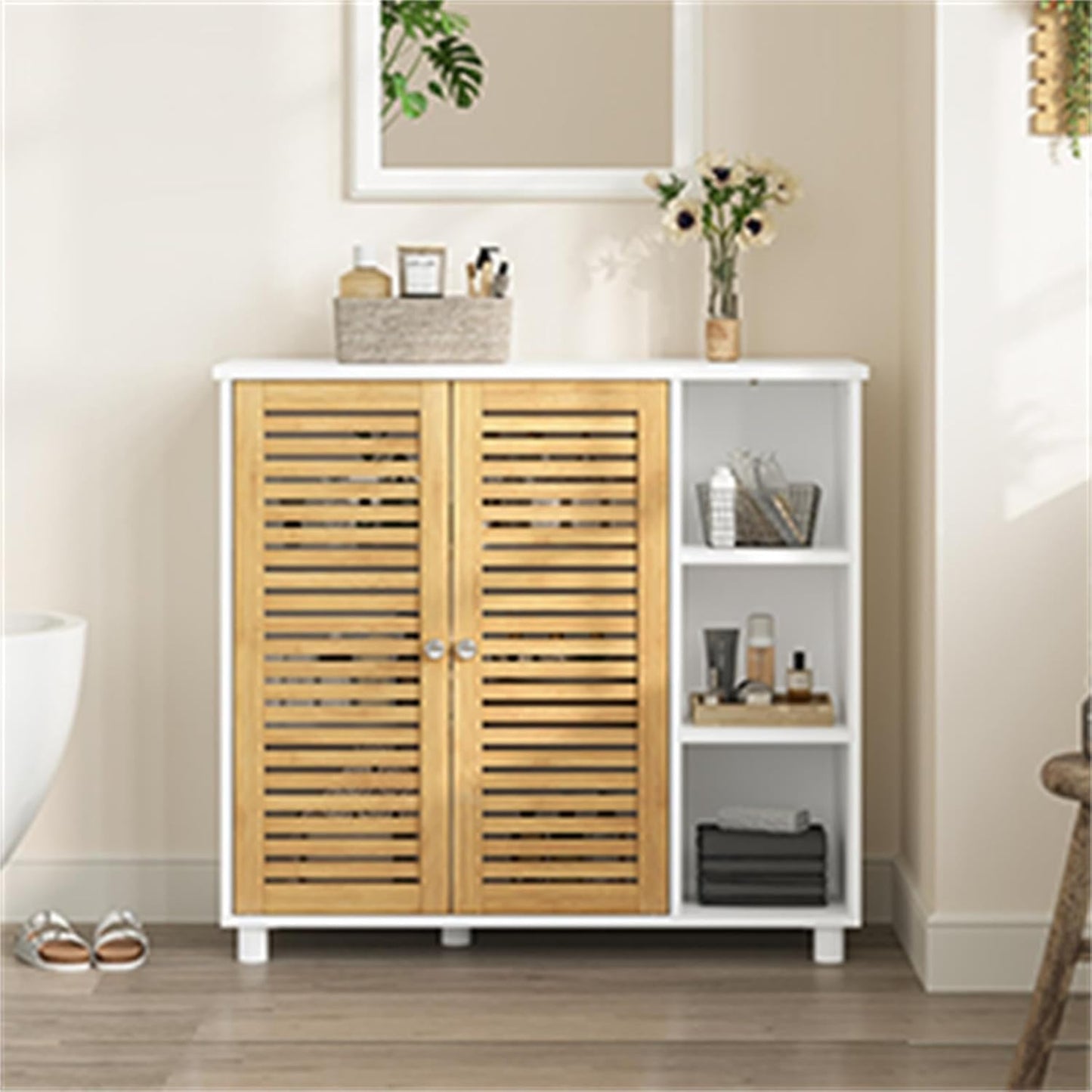 FORABAMB Bathroom Cabinet, Floor Cabinet, Bathroom Cabinet with Double Doors Made of Bamboo, 3 Open Compartments, Freestanding Side Cabinet for Bathroom, Living Room and Kitchen, 77 x 30 x 80 cm