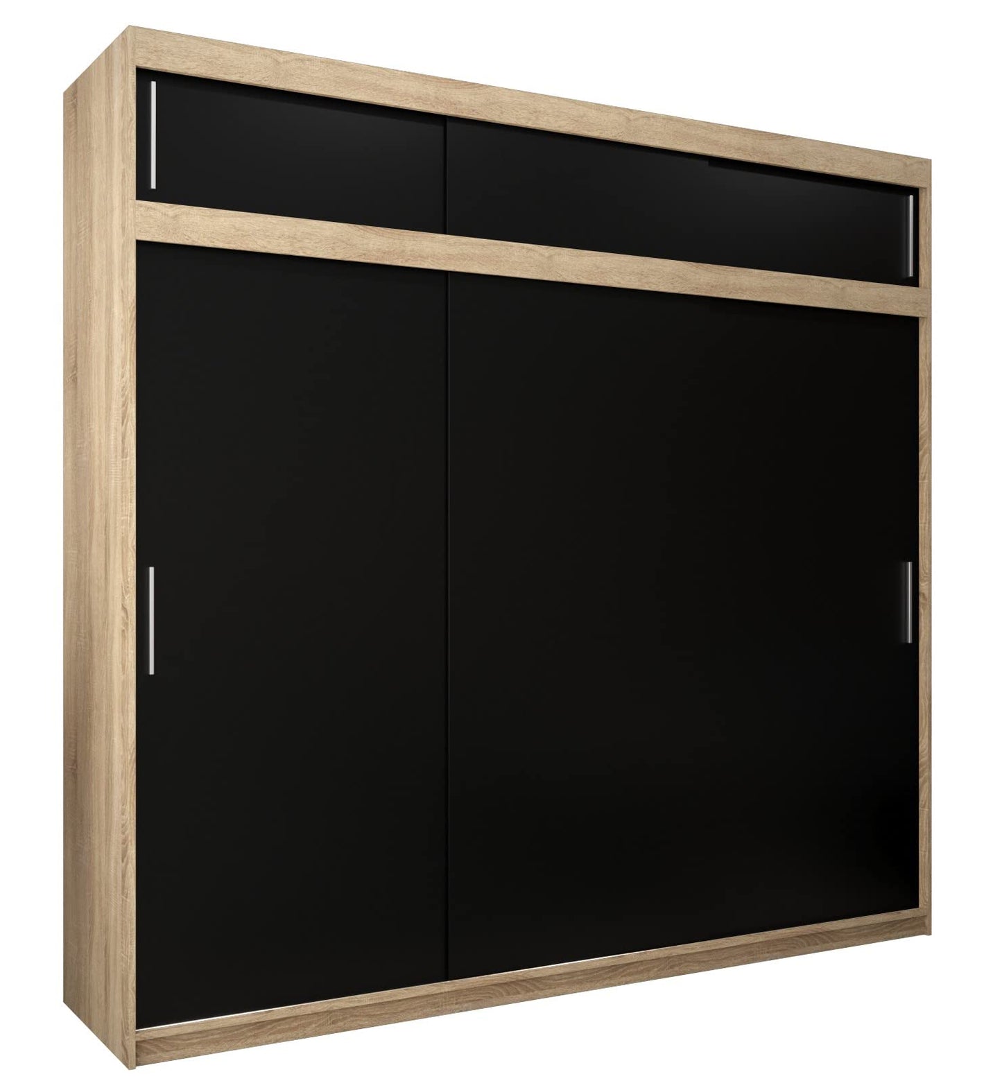 MEBLE KRYSPOL Tokyo 250 Wardrobe with Three Sliding Doors for Bedroom – Modern Storage Cabinet with Clothes Rail and Shelves – 250 x 200 x 62 cm – Matte Black and Artisan