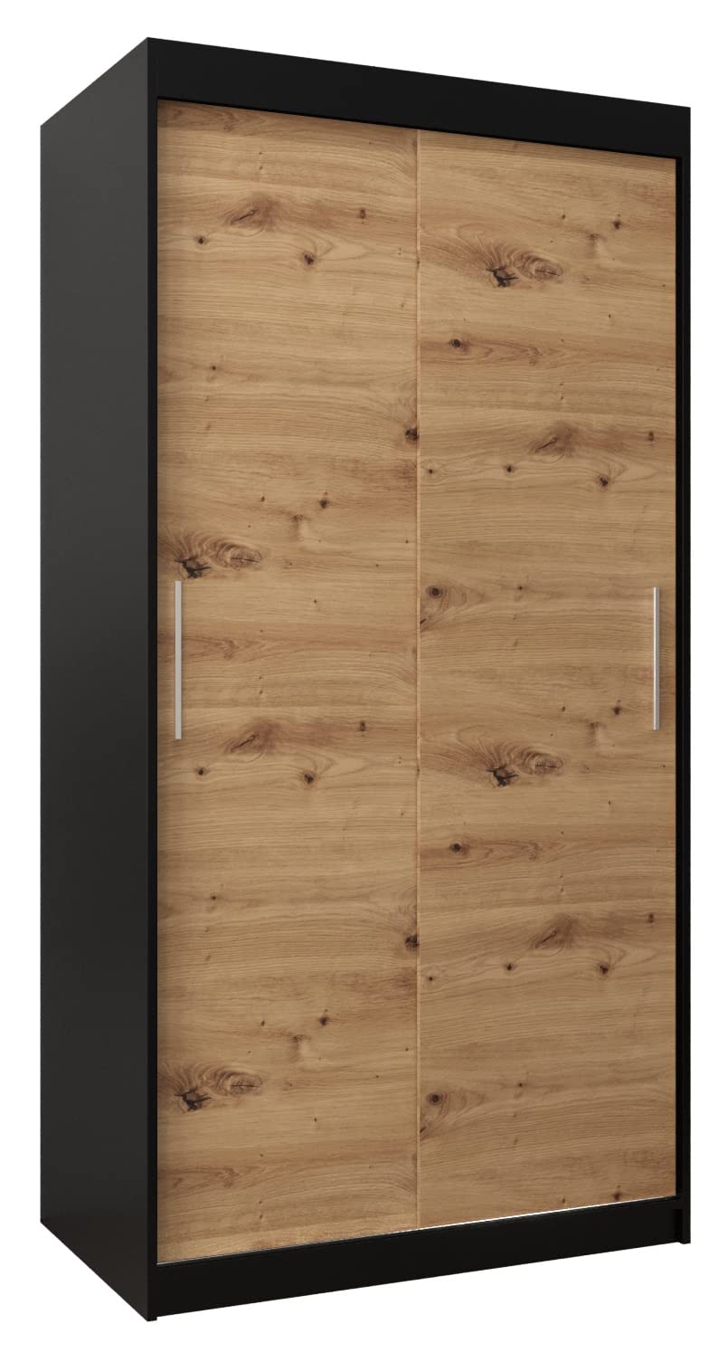 MEBLE KRYSPOL Tokyo 250 Wardrobe with Three Sliding Doors for Bedroom – Modern Storage Cabinet with Clothes Rail and Shelves – 250 x 200 x 62 cm – Matte Black and Artisan