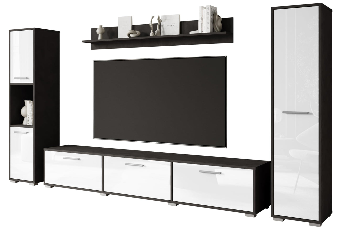 MINIO go for it - Living Room Wall Unit 4-Piece Toga, Living Room Furniture Set, 1 x TV Lowboard, 2 x Tall Cabinet, 1 x Wall Board, Living Room Furniture Complete, Living Room Set - Colour Wotan Oak
