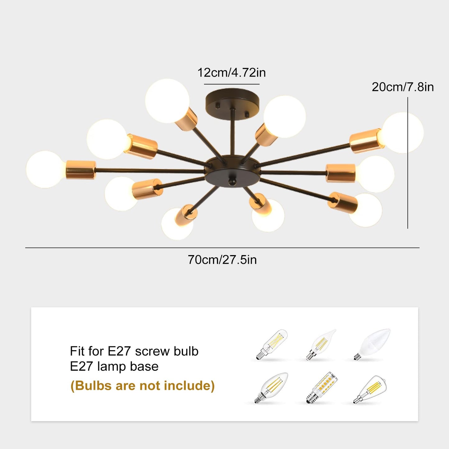 JIINOO 10 Lights Modern Chandelier Ceiling Light Gold Industrial Ceiling Lamp Medieval Semi Flush Mount Chandelier Ceiling Light for Kitchen Dining Room Living Room Bedroom Lighting