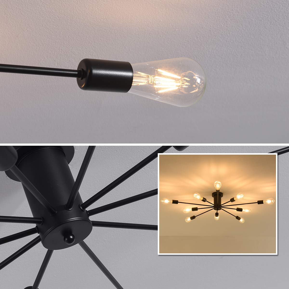 JIINOO 10 Lights Modern Chandelier Ceiling Light Gold Industrial Ceiling Lamp Medieval Semi Flush Mount Chandelier Ceiling Light for Kitchen Dining Room Living Room Bedroom Lighting