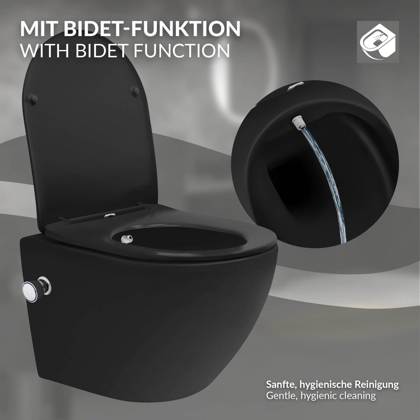 LuxeBath Wall-Mounted Toilet Rimless with Bidet Function, White, Deep Washdown Ceramic Hanging Toilet, Long 53.5 cm, Shower Toilet Nano Coating, Tornado Flush, Shiny Toilet Bowl Hanging with Toilet