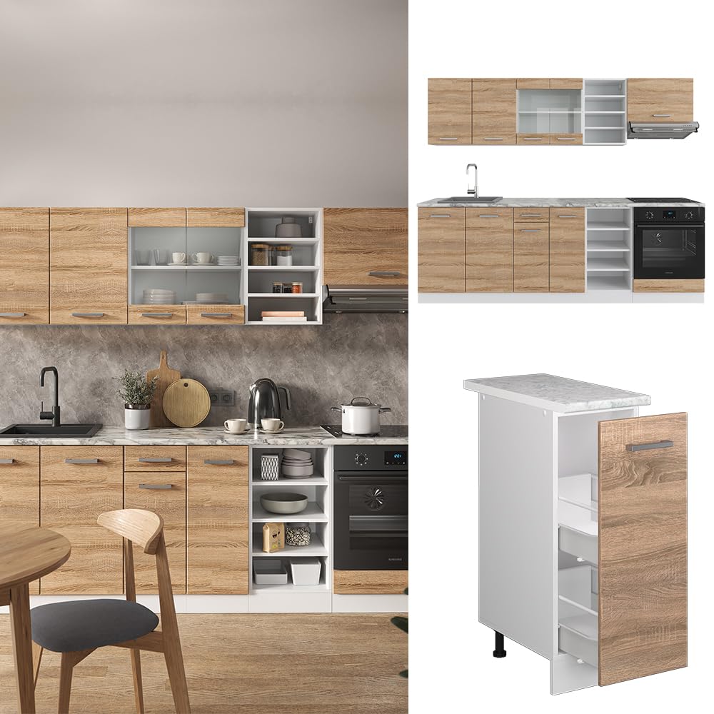 Vicco Küchenzeile R-Line, Küchenblock, Blau-Grau/Weiß, 240 cm ohne Arbeitsplatte