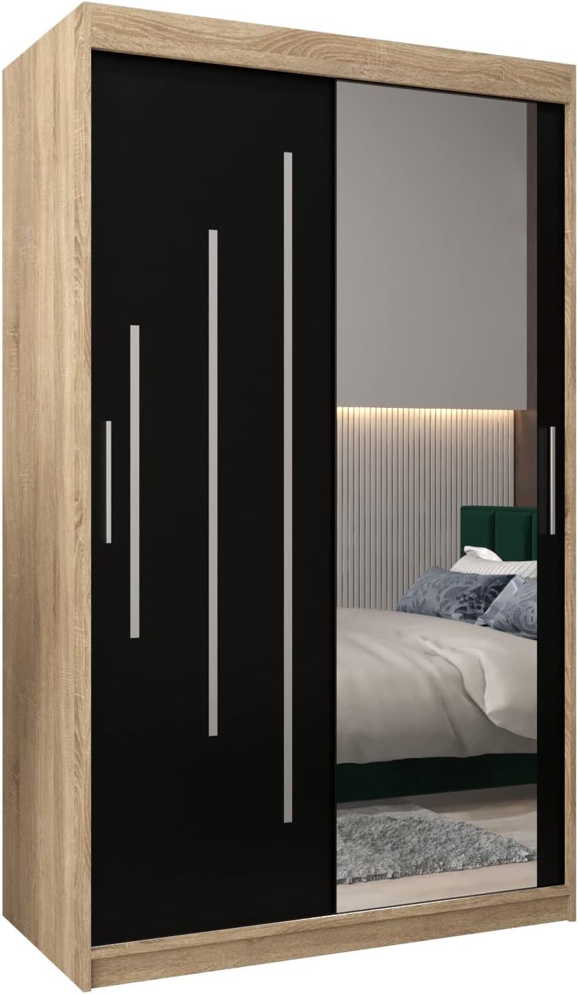 MEBLE KRYSPOL Kleiderschrank mit Spiegel York 2 - Garderobenschrank - Schrank Schlafzimmer - Mehrzweckschrank Zwei Schiebetüren - Regalen - Flur Möbel - Kleiderstange Schrank - Allzweckschrank