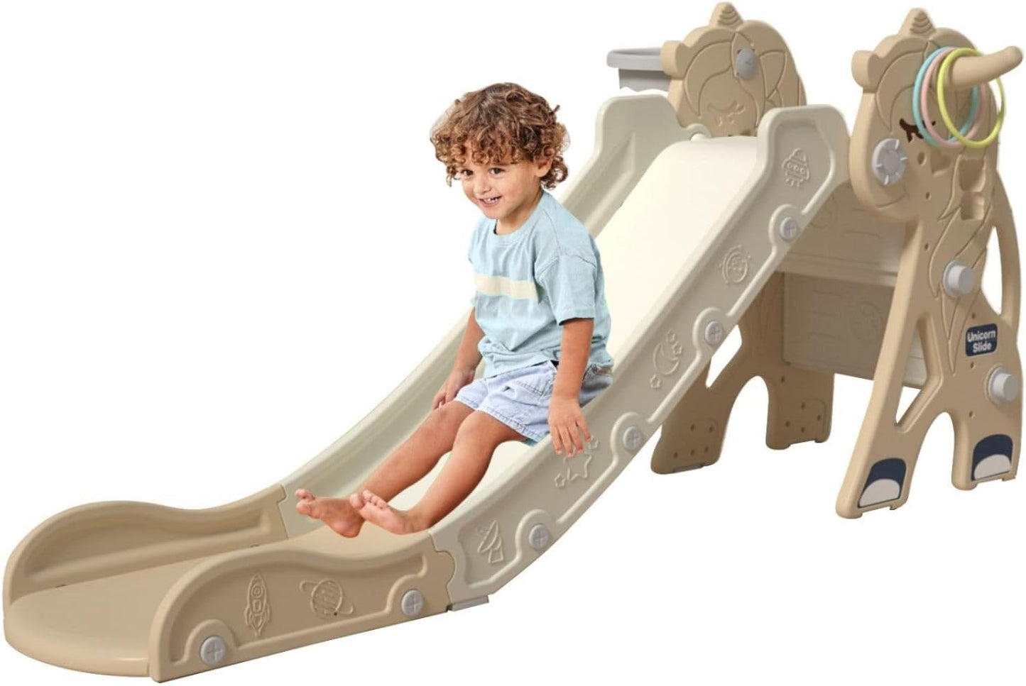 Kakbgee 8-in-1 Kinder Rutsche, Baby Slide, Mini-Bus, 2m HDPE Kinderrutsche - mit Geländer, Futschfesten Stufen, Tunnel, Stauraum, Gartenrutsche Spielplatz für Drinnen/draußen, ab 6 Monaten, Grau