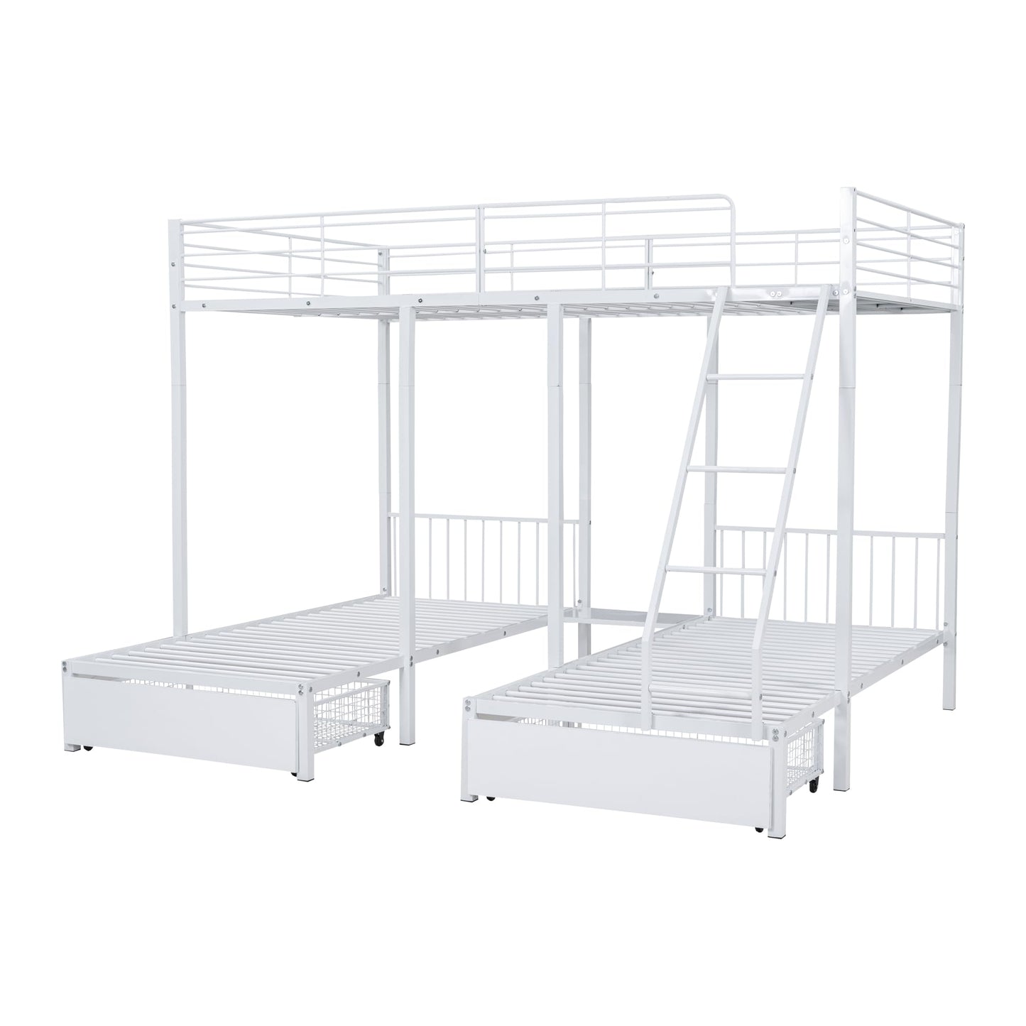 Merax Hausbett 90x200 cm mit 2 Schubladen, für 2 Kinder Doppelbett, Vielseitiges Holz Baumhausbett für Mädchen & Jungen, Stabil Spielbett Gitterbett mit Rausfallschutz und Lattenrost, Weiß