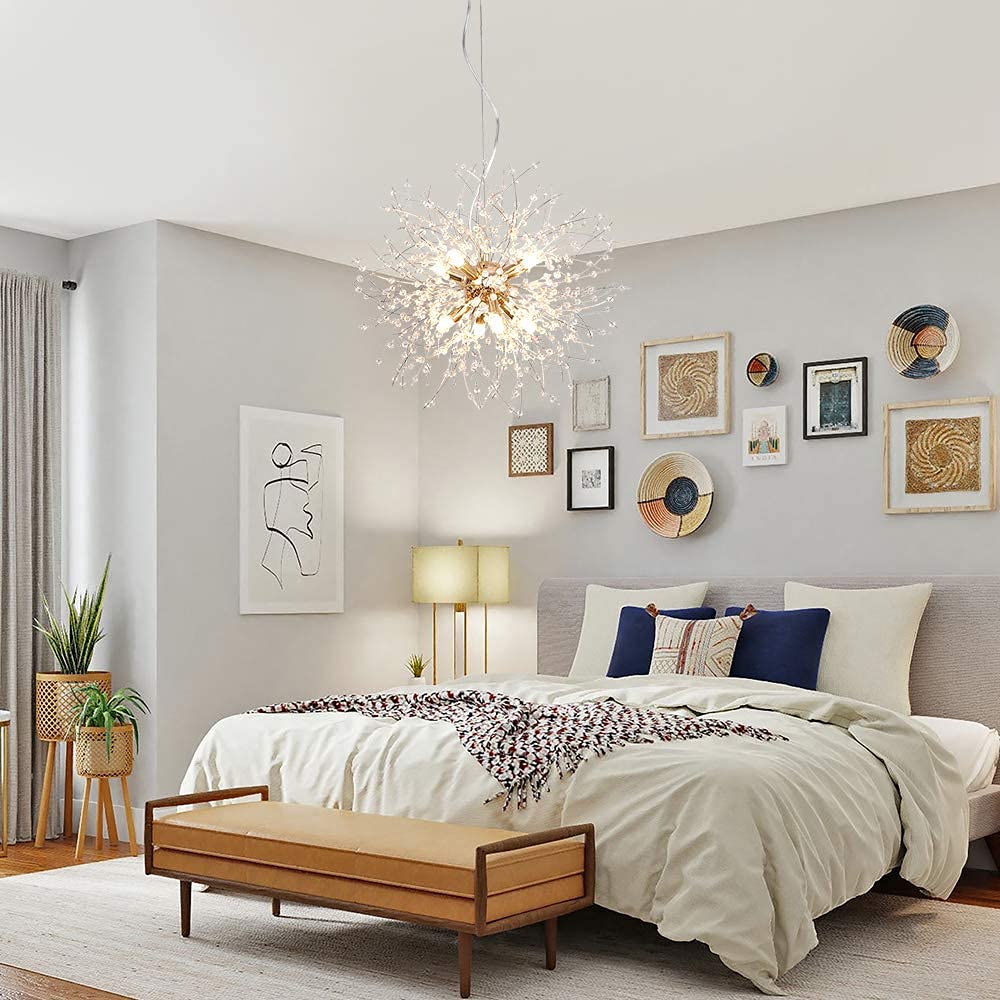 LynPon Moderne Gold Kronleuchter 8 Leuchte Feuerwerk Sputnik Deckenleuchte Kristall Löwenzahn Pendelleuchte für Schlafzimmer, Wohnzimmer, Esszimmer, Küche, Flur