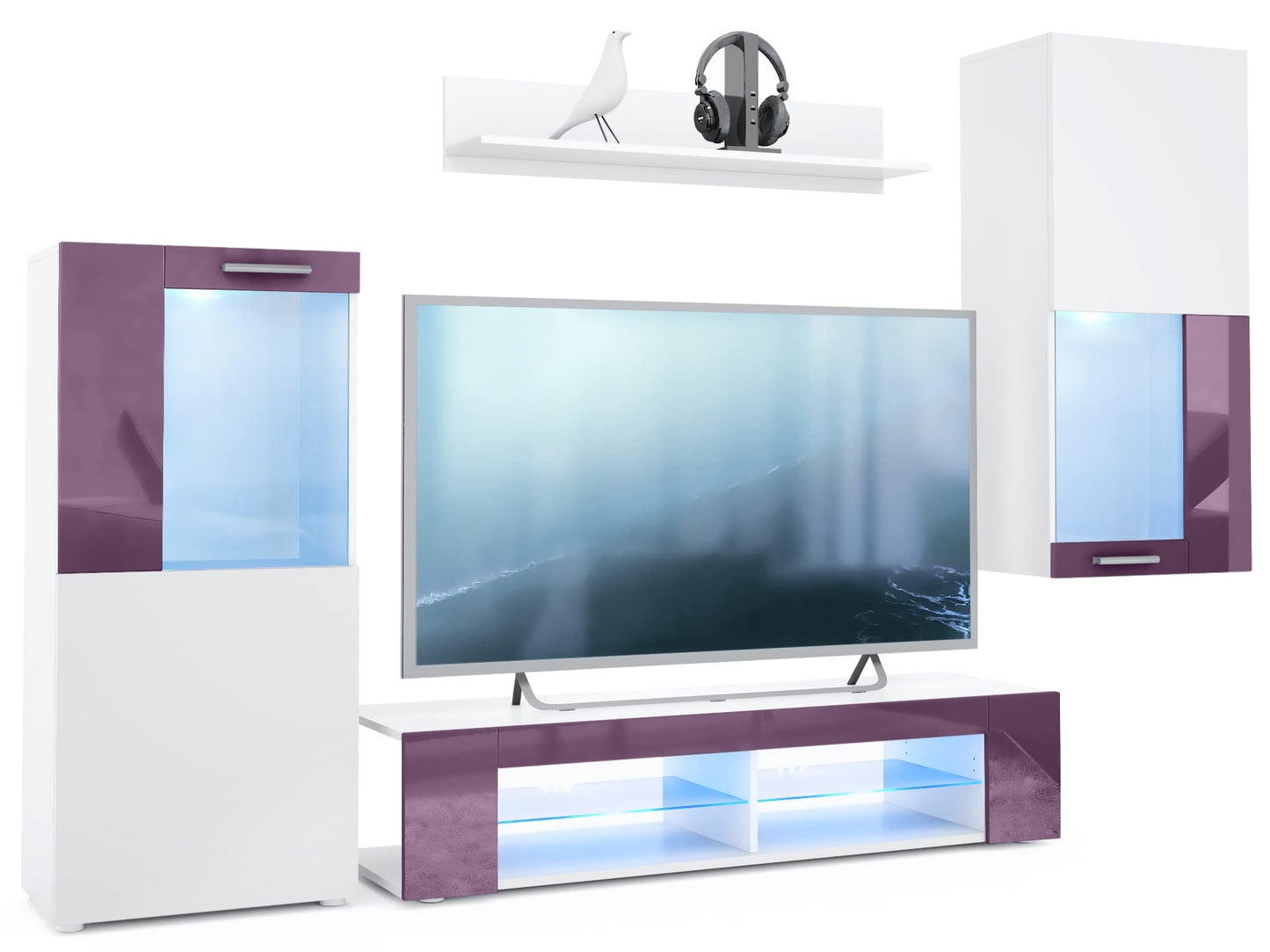 Vladon Wohnwand Movie, Anbauwand bestehend aus 1 TV-Board, 2 Vitrinen und 1 Regal, Weiß matt/Weiß matt/Weiß Hochglanz (Gesamt: 300 x 190 x 39 cm)