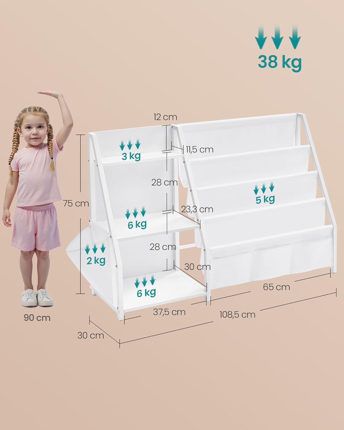 SONGMICS Bücherregal Kinder, Kinderregal, Spielzeugregal, Bücher-Organizer, mit Seitentasche, 75 cm hoch, für Kinderzimmer, Spielzimmer, weiß GKR024W01