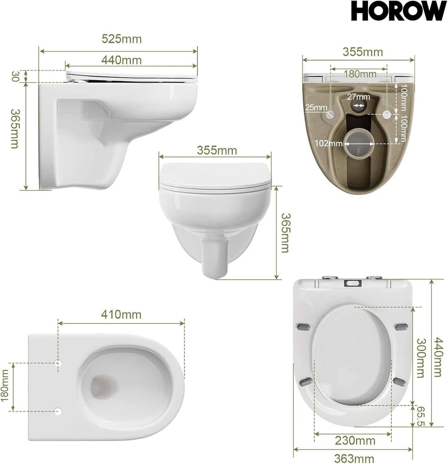 HOROW Wall-Mounted Toilet, Rimless, Toilet Including Toilet Lid with Soft-Close Mechanism, Powerful Flush Washdown Toilets, Toilet Bowl with Nano Coated Glaze, 52.5 x 36 x 36.5 cm