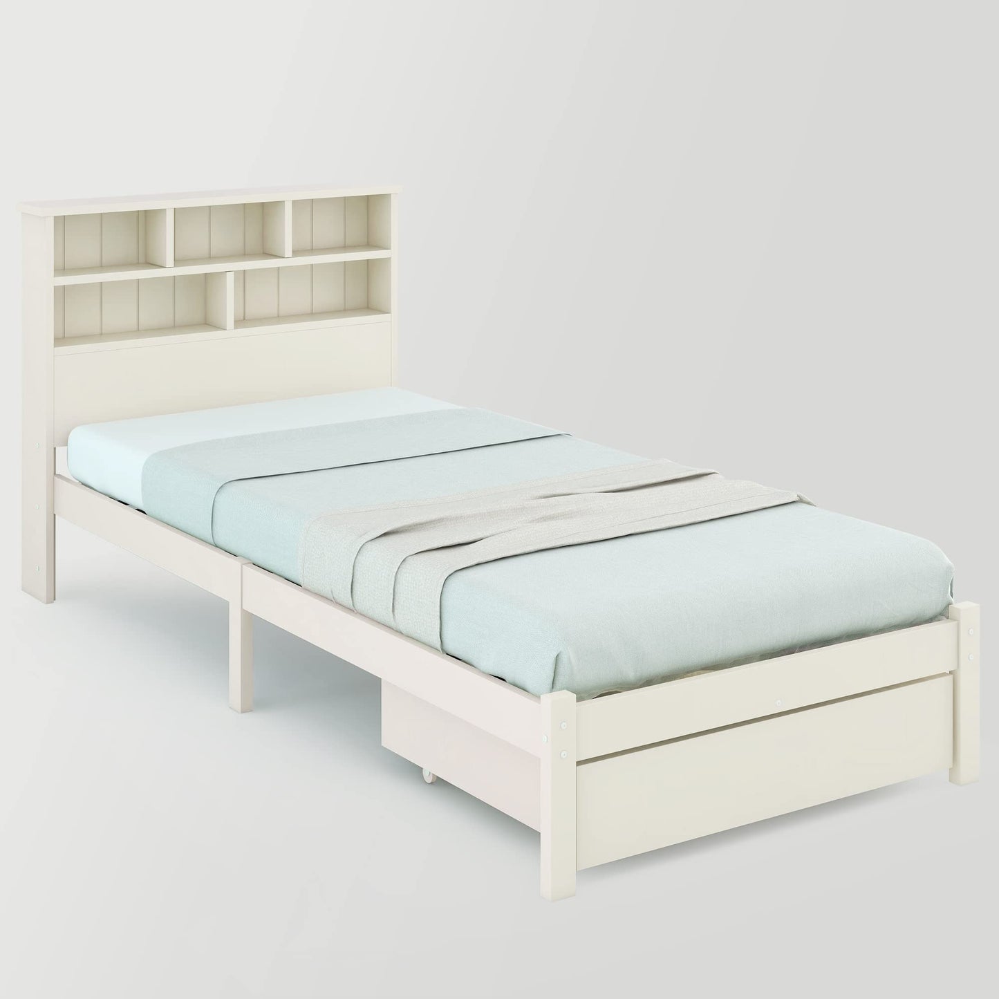 RIAZOS Kinderbett Holzbett 90x200 cm, Massiveholz Einzelbett mit Schreibtisch und Schubladen, Stauraumbett mit Lattenrost, für Jungen & Mädchen, ohne Matratze, Weiß