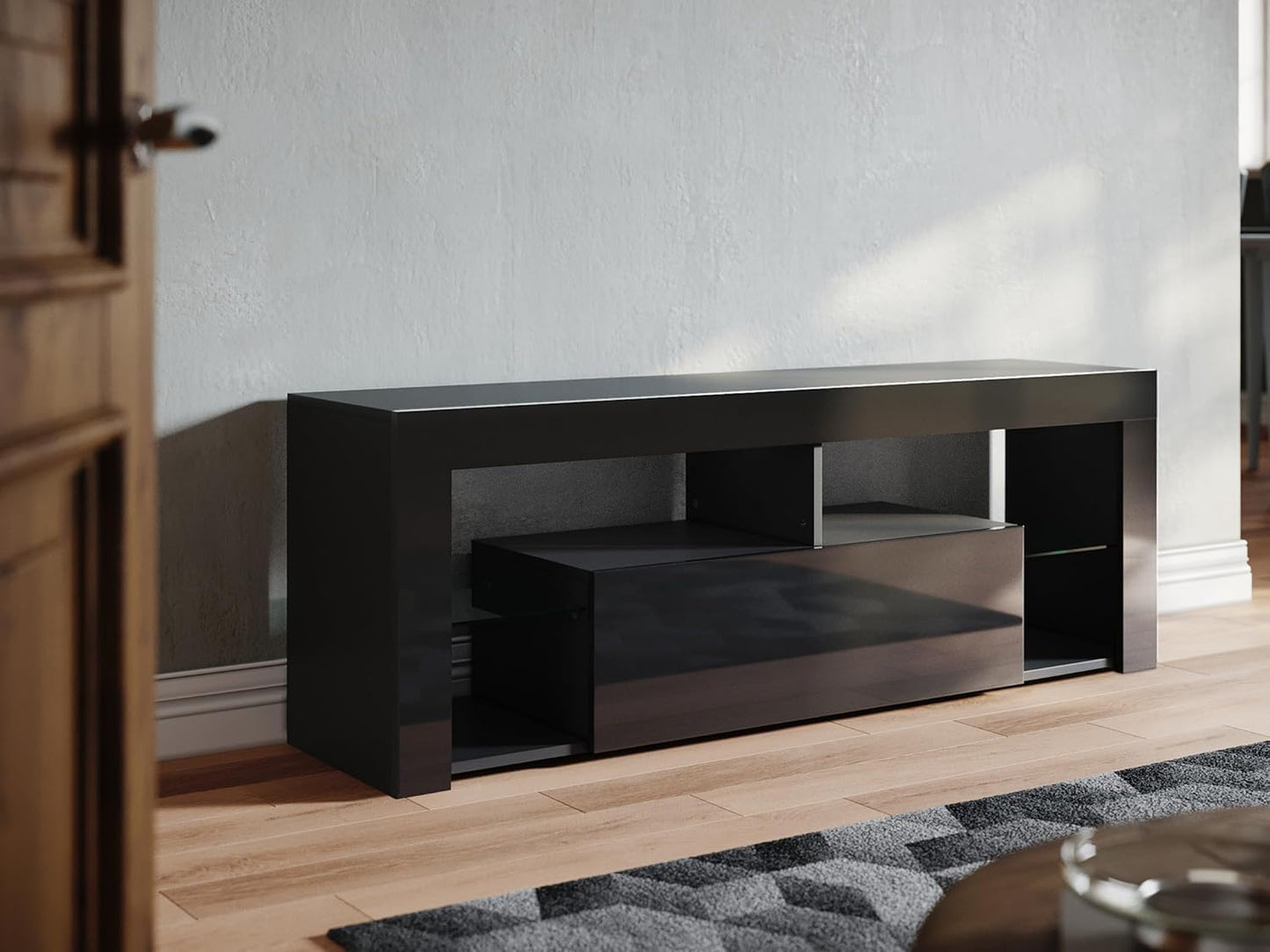 SONNI Modern TV Cabinet 180 cm, Lowboard High Gloss White with 16 Colours LED Lighting, Drawer, Open Glass Shelves, TV Stand for TVs up to 65 Inches, Living Room & Bedroom, 180 x 35 x 45 cm