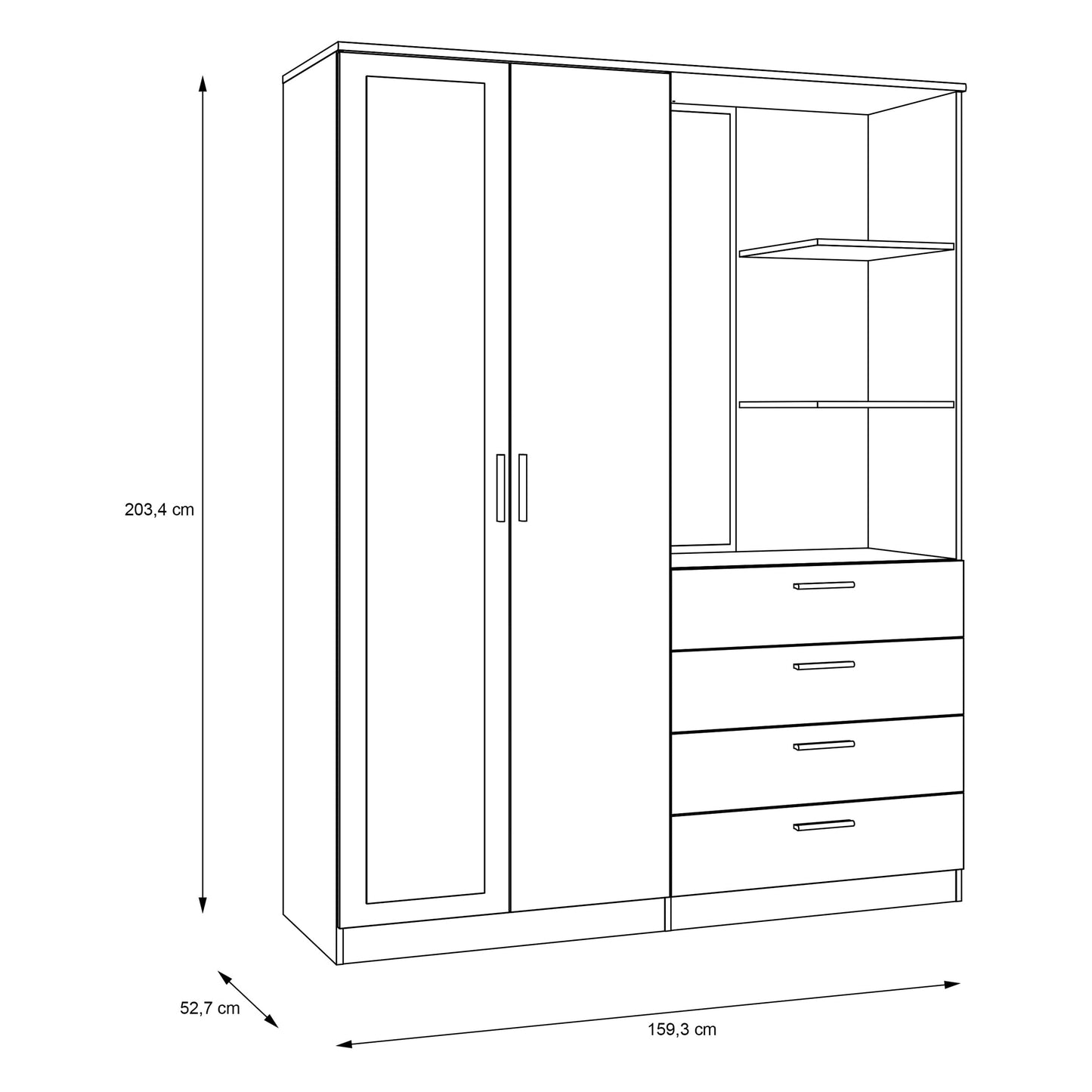 FORTE DEWANIA Kleiderschrank 160, Schrank mit offenen Regalfächern und Spiegel, Holzwerkstoff, Weiß, 159,3 cm breit, 203,4 cm hoch, 52,7 cm tief