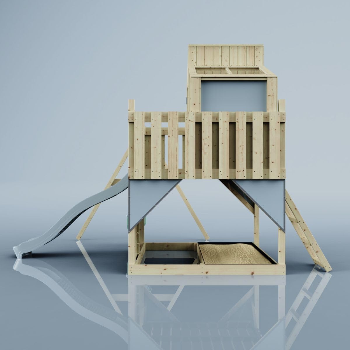 Rebo Spielturm mit Spielhaus inkl. Wellenrutsche und Kinder-Schaukel | Outdoor Klettergerüst Garten | Kletterwand und Kletterleiter | Stabile Konstruktion, Weiches Gefühl in den Seilen