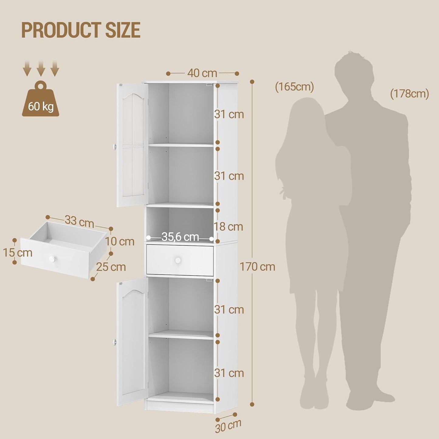 Hzuaneri SC10003X Bathroom Cabinet with Glass Door, High Storage Cabinet with 2 Doors and 1 Drawer, Adjustable Shelves, Bathroom, Living Room, 40 x 30 x 170 cm, White
