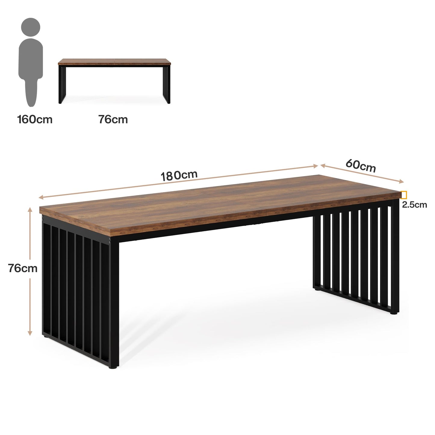Tribesigns 180 cm Schreibtisch, großer Computertisch PC Tisch Bürotisch mit robustem Metallgestell, Arbeitsstation für Home Office zu Hause Schreibtische, Konferenztisch (ohne Stuhl) (Braun)