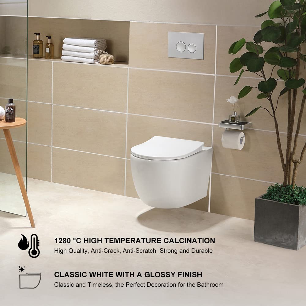 HOROW Ceramic Hanging Toilet with Nano Coating, Ceramic Wall Toilet White, Compact Toilet Bowl with Seat Soft-Close D Shape with Soft Close Lid for Guest Toilet