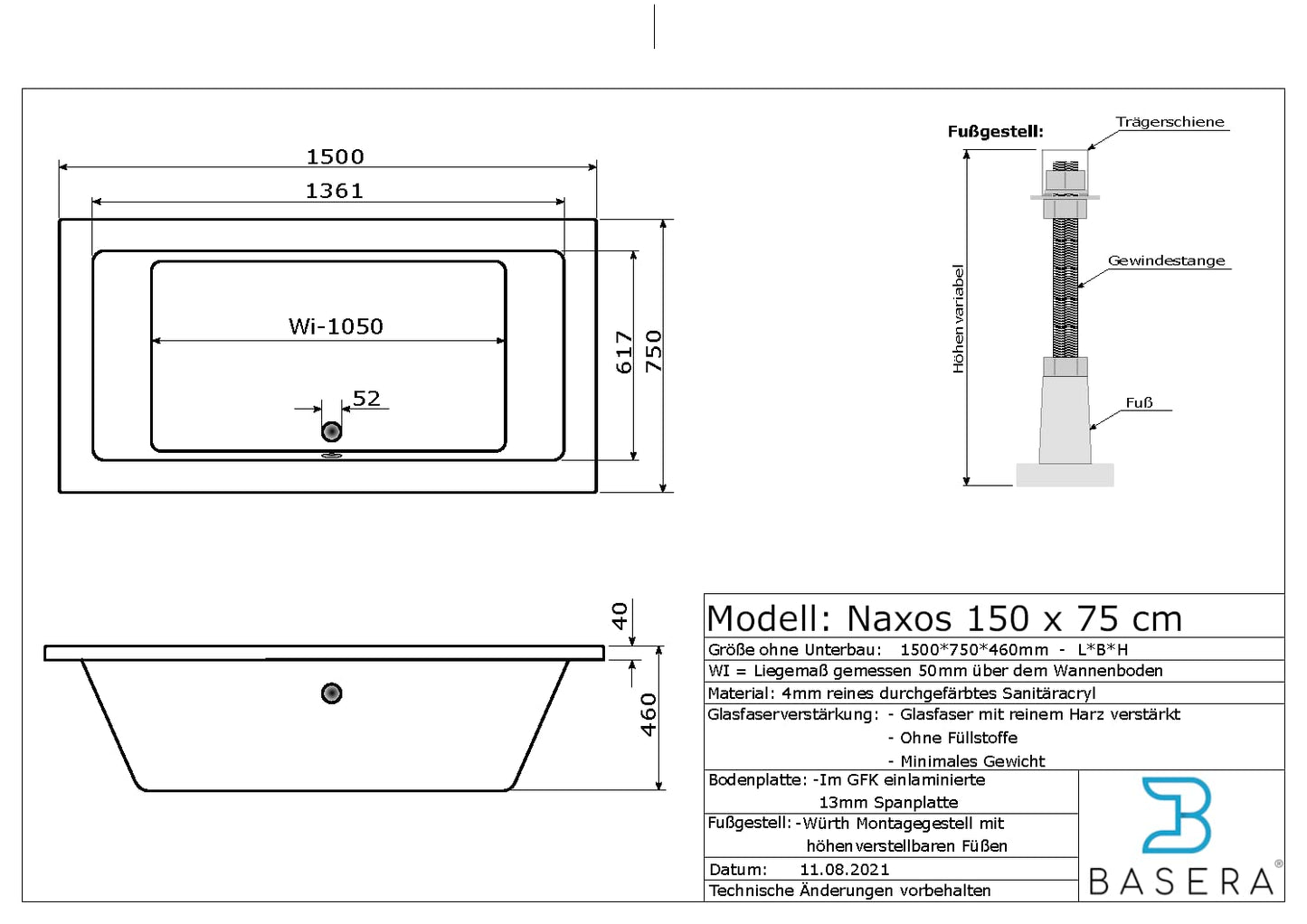 Basera® Classic Indoor Whirlpool Badewanne Naxos mit 24 Massagedüsen, Wasserfall, LED-Ambiente, Touchpanel, Bluetooth und Radio (180 x 90 x 62 cm)