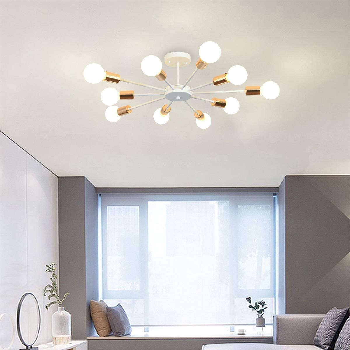 JIINOO 10 Lights Modern Chandelier Ceiling Light Gold Industrial Ceiling Lamp Medieval Semi Flush Mount Chandelier Ceiling Light for Kitchen Dining Room Living Room Bedroom Lighting