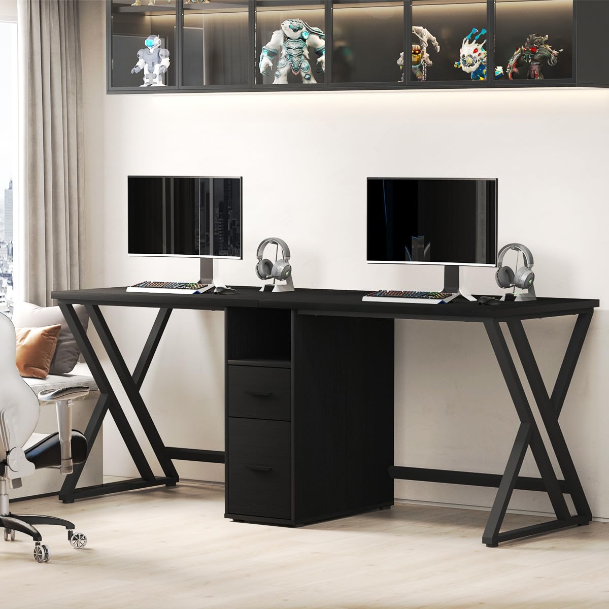 LVB Schwarz Large Double Industrial Computer-Schreibtisch mit Schubladen, Extra Lange Gaming-Tabelle mit Lagerung Schrank Regale, Holz-Metall-Computer-Schreibtisch