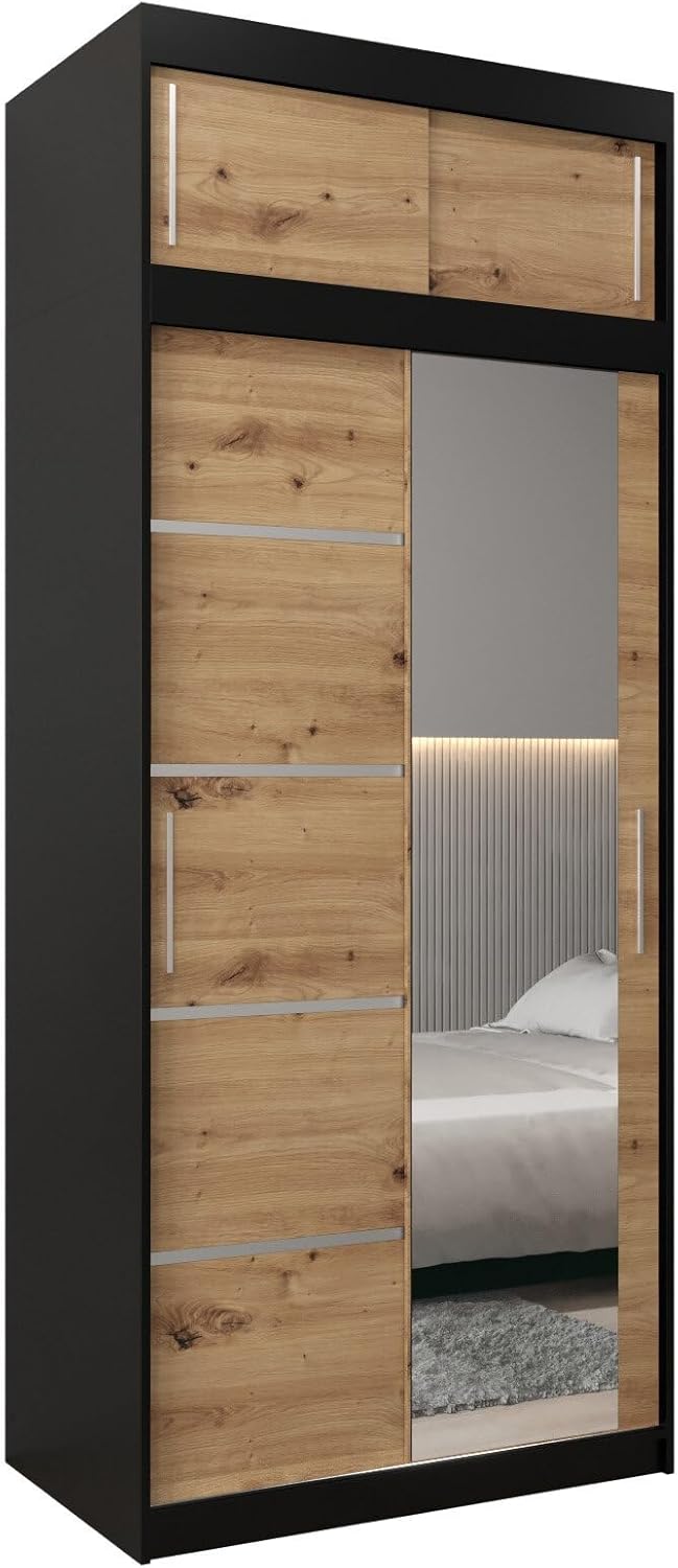 MEBLE KRYSPOL Kleiderschrank mit Spiegel Verona 2 - Garderobenschrank - Schrank Schlafzimmer - Mehrzweckschrank DREI Schiebetüren - Regalen - Flur Möbel - Kleiderstange Schrank - Allzweckschrank