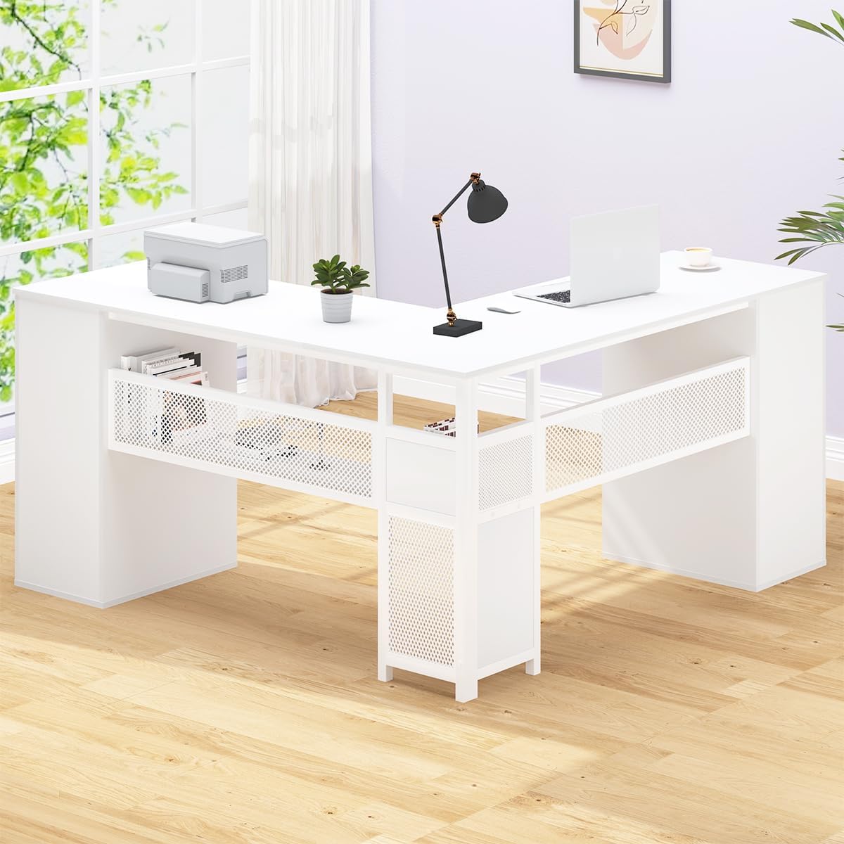 HSH - Black L Shape Corner Desk with Filing Drawers and Shelves, Reversible Corner Desk Made of Metal and Wood with Storage Cabinets