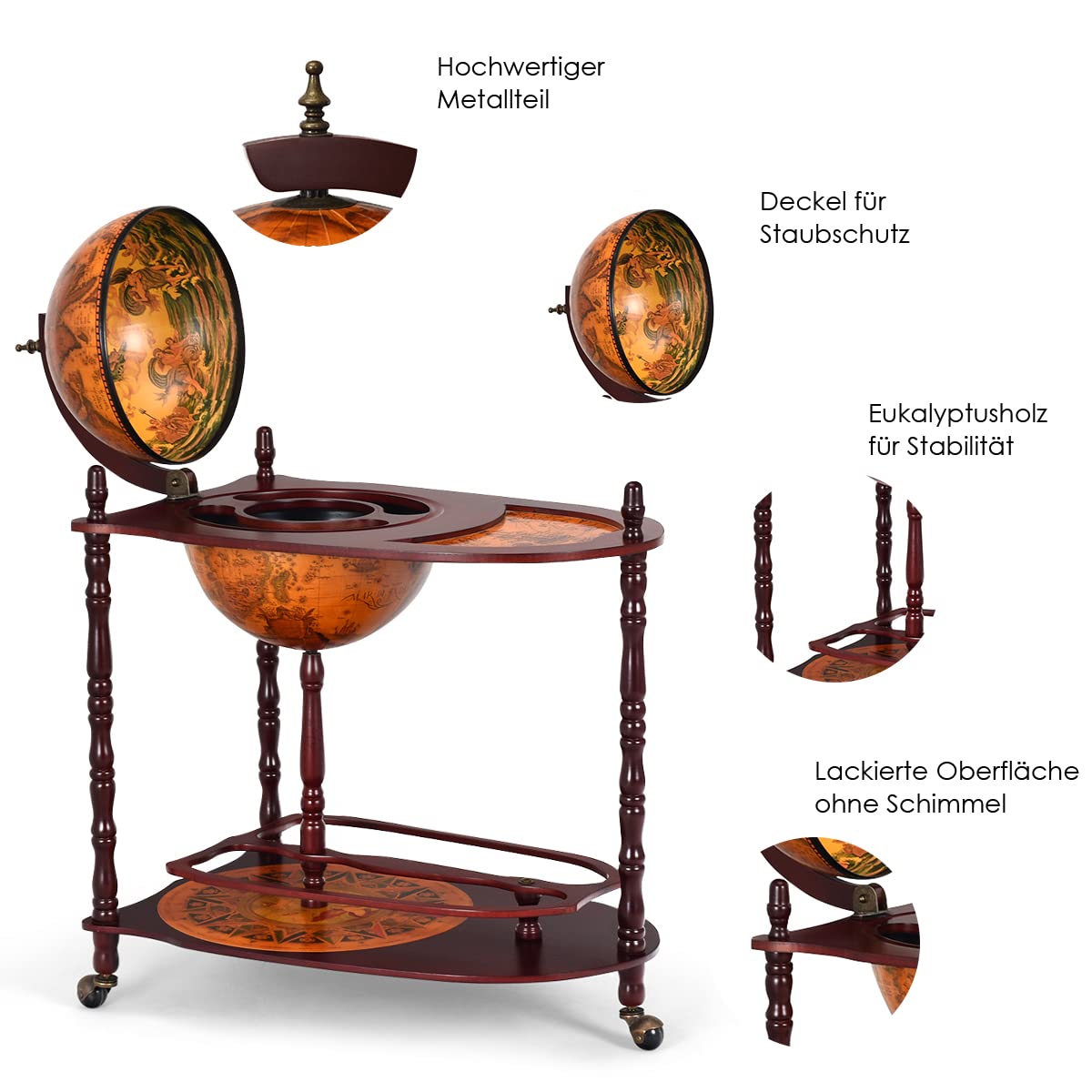 RELAX4LIFE Globe Bar on Wheels, Bar Trolley with World Globe, Bar Table Solid Wood, Serving Trolley with Wine Bottle Holder, Mobile Cocktail Bar, Antique Look, Decorative Mini Bar Serving Table