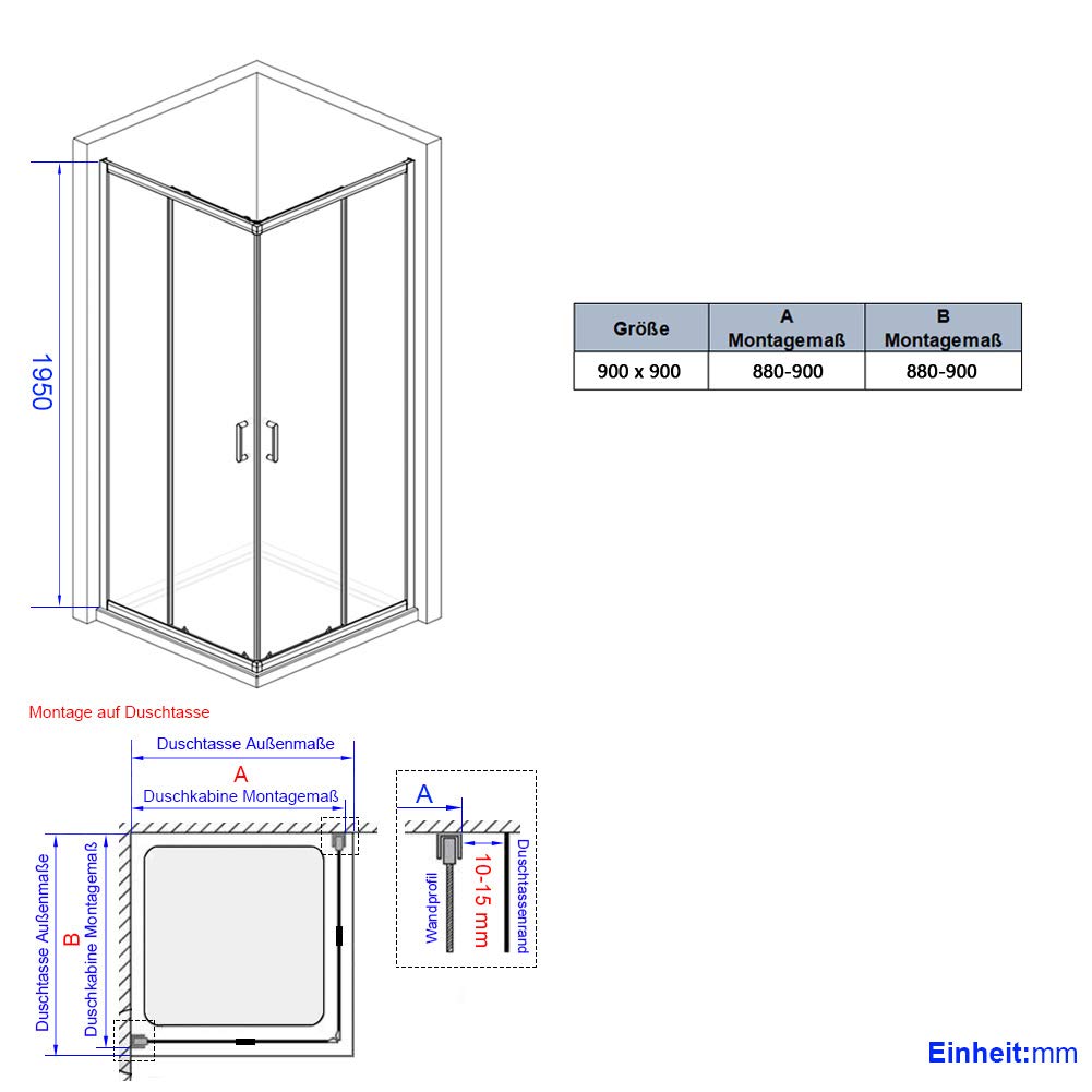 Heilmetz Duschkabine 80x90 cm Eckeinstieg Duschabtrennung Schiebetür Duschtür Nische Duschkabinen Glastür Schiebetür 5mm ESG Sicherheitsglas Doppel Schiebetür Duschtür - Höhe 185cm