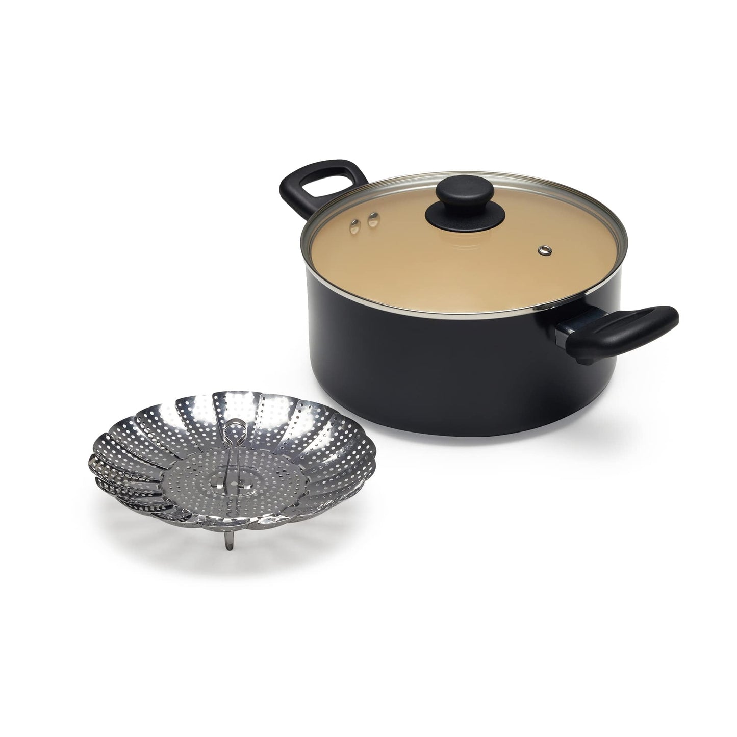 Amazon Basics 11-teiliges Kochgeschirr-Set mit Töpfen und Pfannen aus Keramik, antihaftbeschichtet, PFOA- und PTFE-frei, Schwarz/Creme