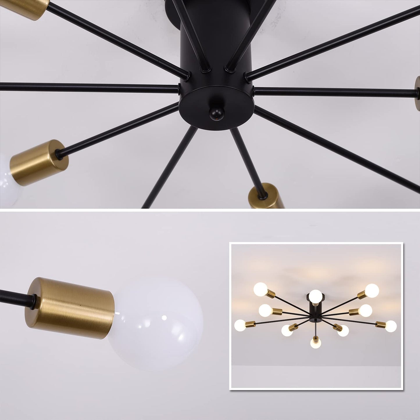 JIINOO 10 Lights Modern Chandelier Ceiling Light Gold Industrial Ceiling Lamp Medieval Semi Flush Mount Chandelier Ceiling Light for Kitchen Dining Room Living Room Bedroom Lighting