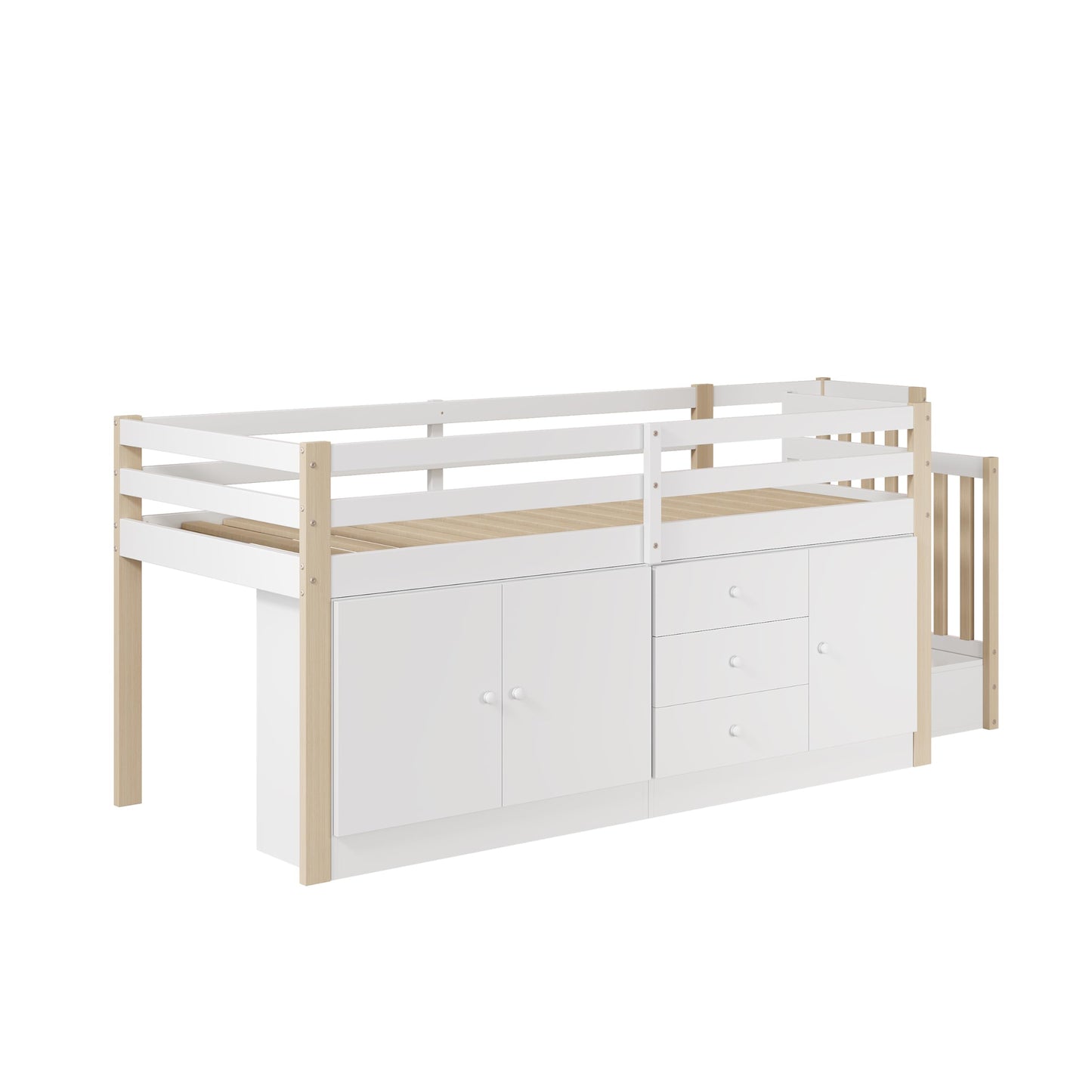 Merax Kinderbett 90x200 cm aus Holz, Multifunktionales Hochbett mit austauschbarer Treppe & Stauraum, Schubladen als Schreibtisch nutzbar, Weiß (Ohne Matratze)