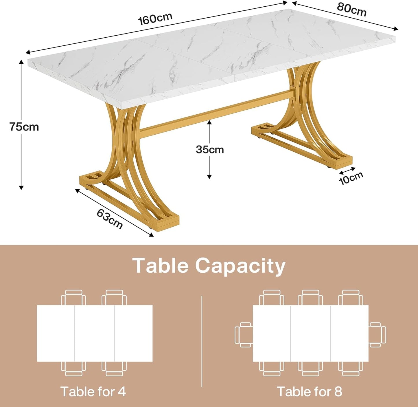Tribesigns Dining Table for 4 to 6 People 160 x 80 cm Modern Kitchen Table with Faux Marble Top and Stylish Metal Legs, Large Dining Tables for Dining Room, Kitchen, White and Gold
