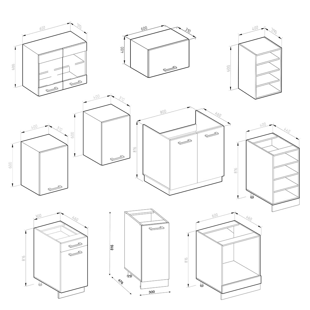 Vicco Küchenzeile R-Line, Küchenblock, Blau-Grau/Weiß, 240 cm ohne Arbeitsplatte