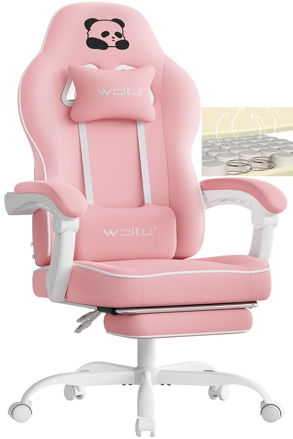 WOLTU Gaming Chair with Pocket Spring Cushion, 150 kg Weight Capacity, Ergonomic Swivel Chair, with Pillow, Lumbar Cushion, Footrest, Mesh, Pink, GS16rs