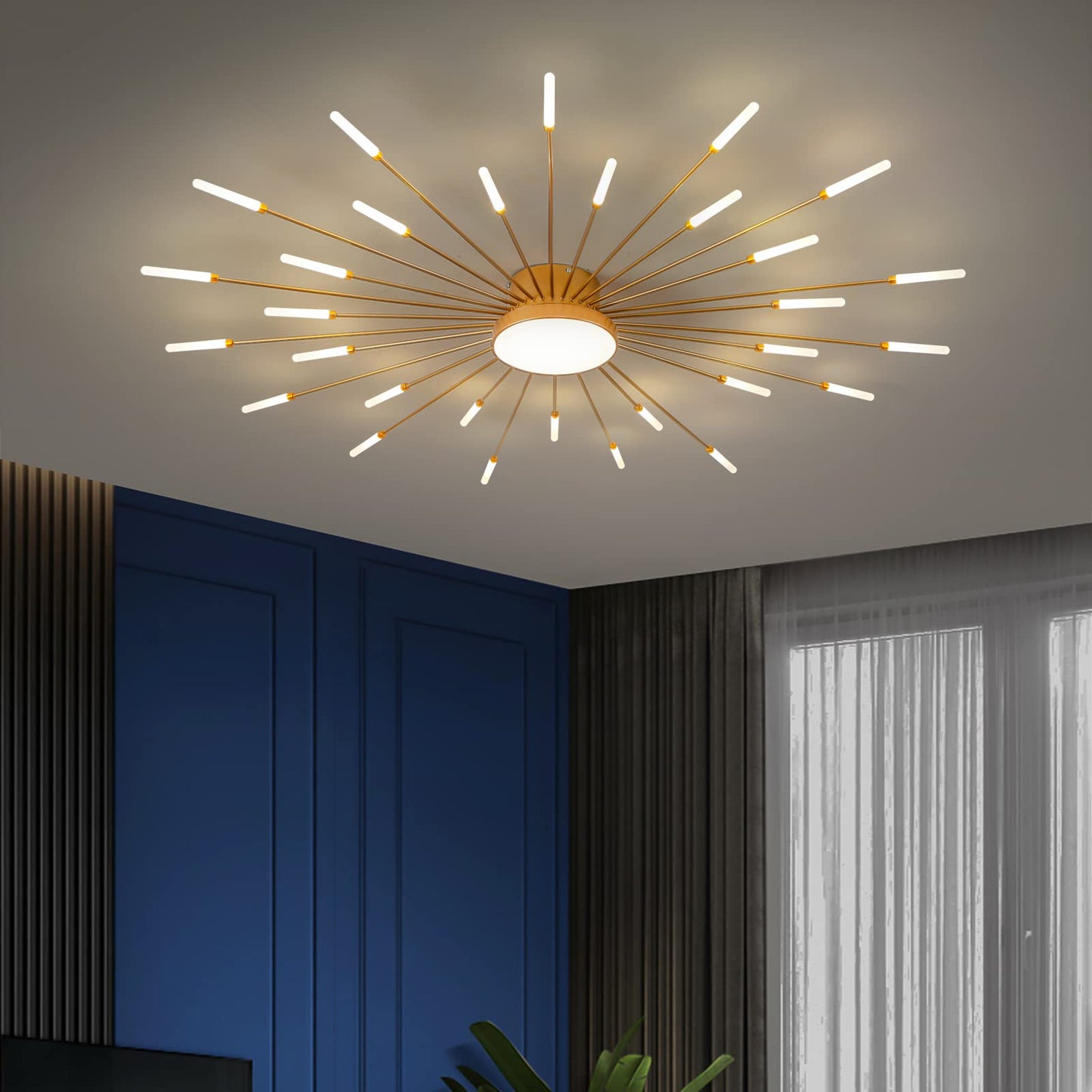 minifair Moderne LED-Deckenleuchte, 12 + 1 Köpfe, halbbündige Deckenleuchte, goldene Kronleuchter, Deckenbeleuchtung für Schlafzimmer, Wohnzimmer, Küche, Esszimmer, Restaurant