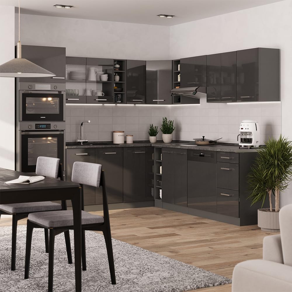Vicco R-Line Fitted Kitchen Cabinets Anthracite Kitchen Furniture (Anthracite / White High Gloss, Corner 247 x 237 cm)