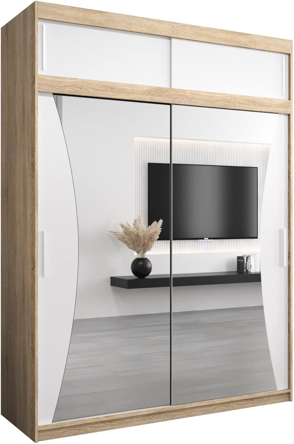 MEBLE KRYSPOL Kleiderschrank mit Spiegel Monaco - Garderobenschrank - Schrank Schlafzimmer - Mehrzweckschrank DREI Schiebetüren - Regalen - Flur Möbel - Kleiderstange Schrank - Allzweckschrank