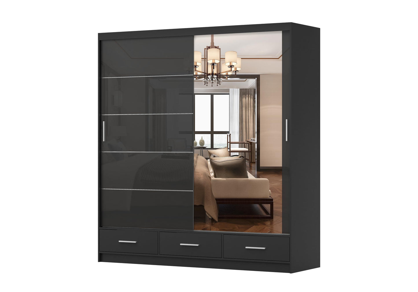 Fabryka Mebli Idźczak Kleiderschrank mit Spiegel weiß - Schwebetürenschrank - Schlafzimmerschrank - 61 x 250 x 218 cm - Wohnzimmerschrank - Garderobenschrank, Schrank mit 2 Türen, 4 Schubladen