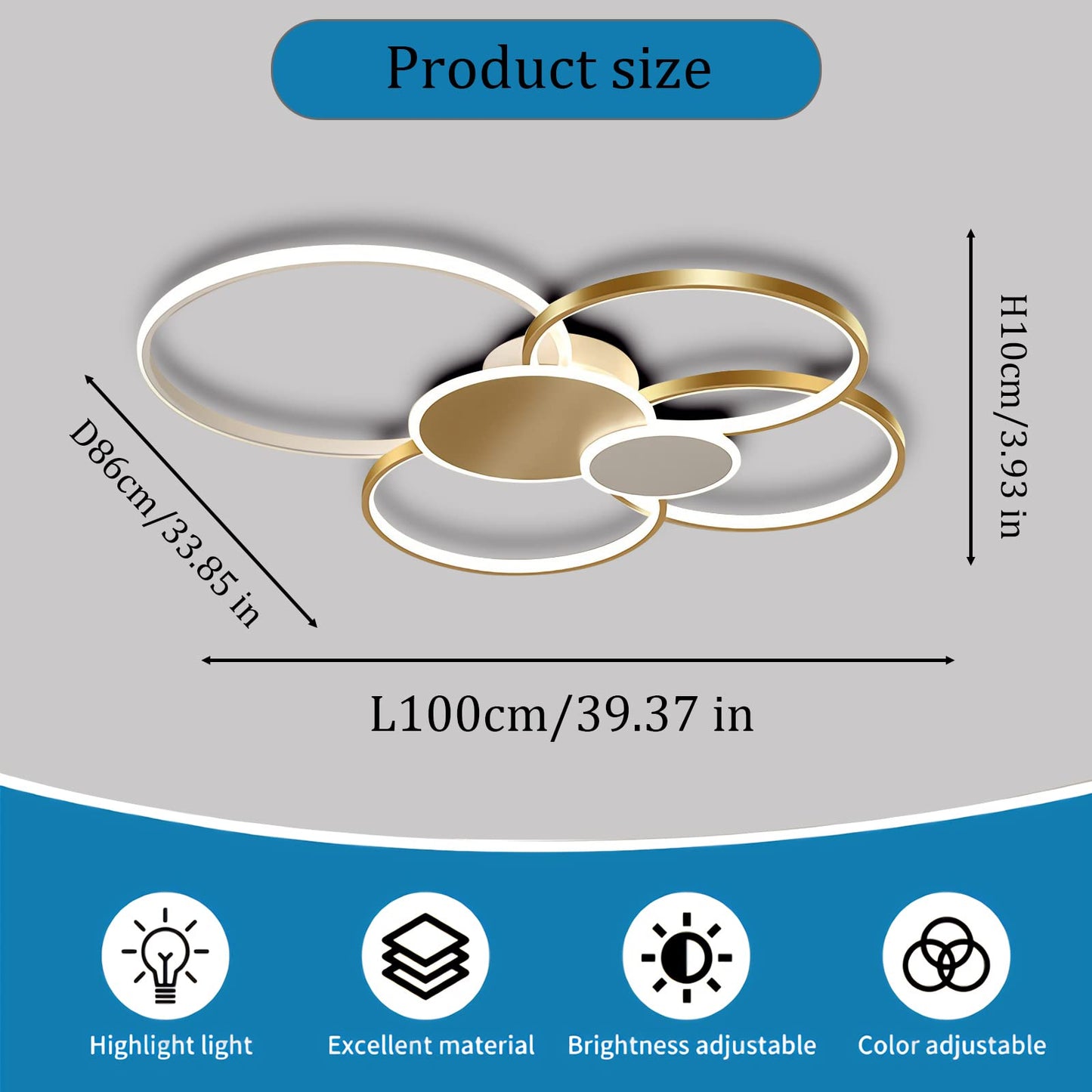 WERSVG L80cm Modern LED Deckenleuchte Wohnzimmer Deckenlampe gold 6-Ring Deckenleuchte 70W 5600LM Dimmbar 3500K - 6500KMit Fernbedienung flurlampe decke, für Wohnzimmer Schlafzimmer Küche Esszimmer