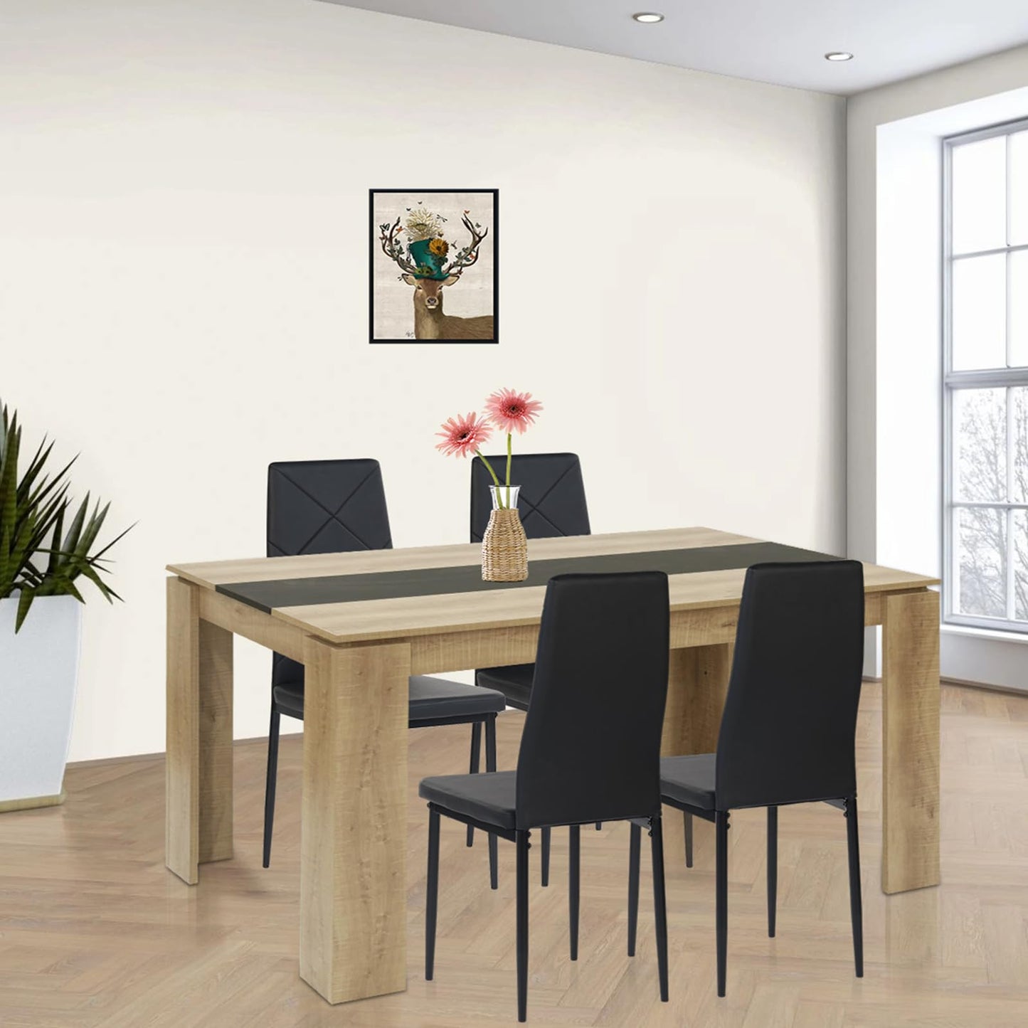 FURNITABLE Esstisch mit 4 Stühlen Esszimmergruppe, 4er Set Esszimmerstühle und Rechteckig Holztisch Essgruppe für Wohnzimmer Küche Büro (110 * 70cm Tisch+4 Schwarz Stühle)