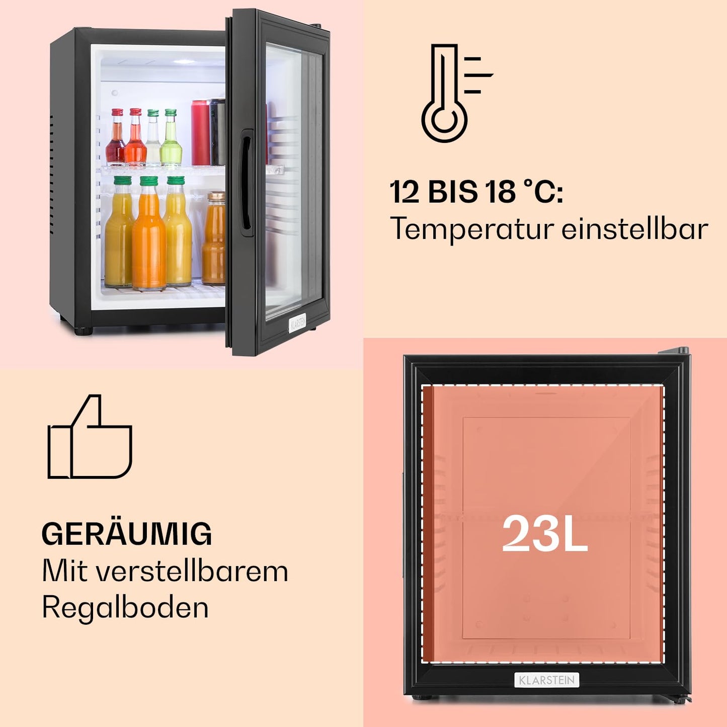 Klarstein Kühlschrank, Mini Kühlschrank mit Glastüre, Mini-Kühlschrank für Getränke, Snacks & Kosmetik, Kühlschrank Klein & Leise, Verstellbare Ablagen, Kleiner Skincare Kühlschrank 12-18°C, 23L