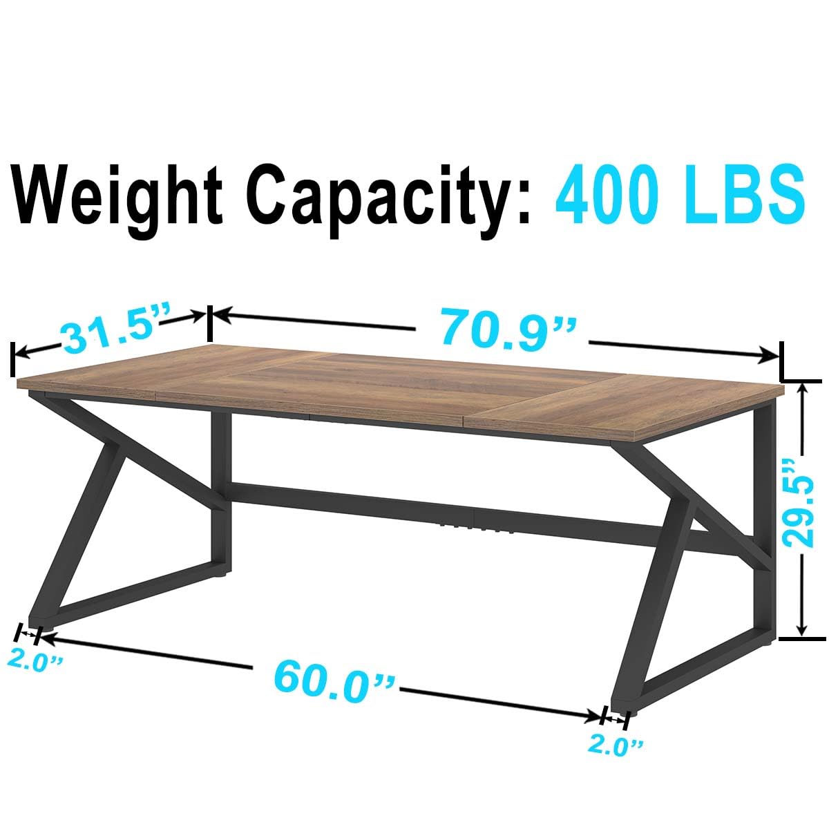 IBF Desk in Brown Colour with a Length of 70 Inches, Industrial Large Double Metal and Wood Desk for Computer, Long Office Table for Home
