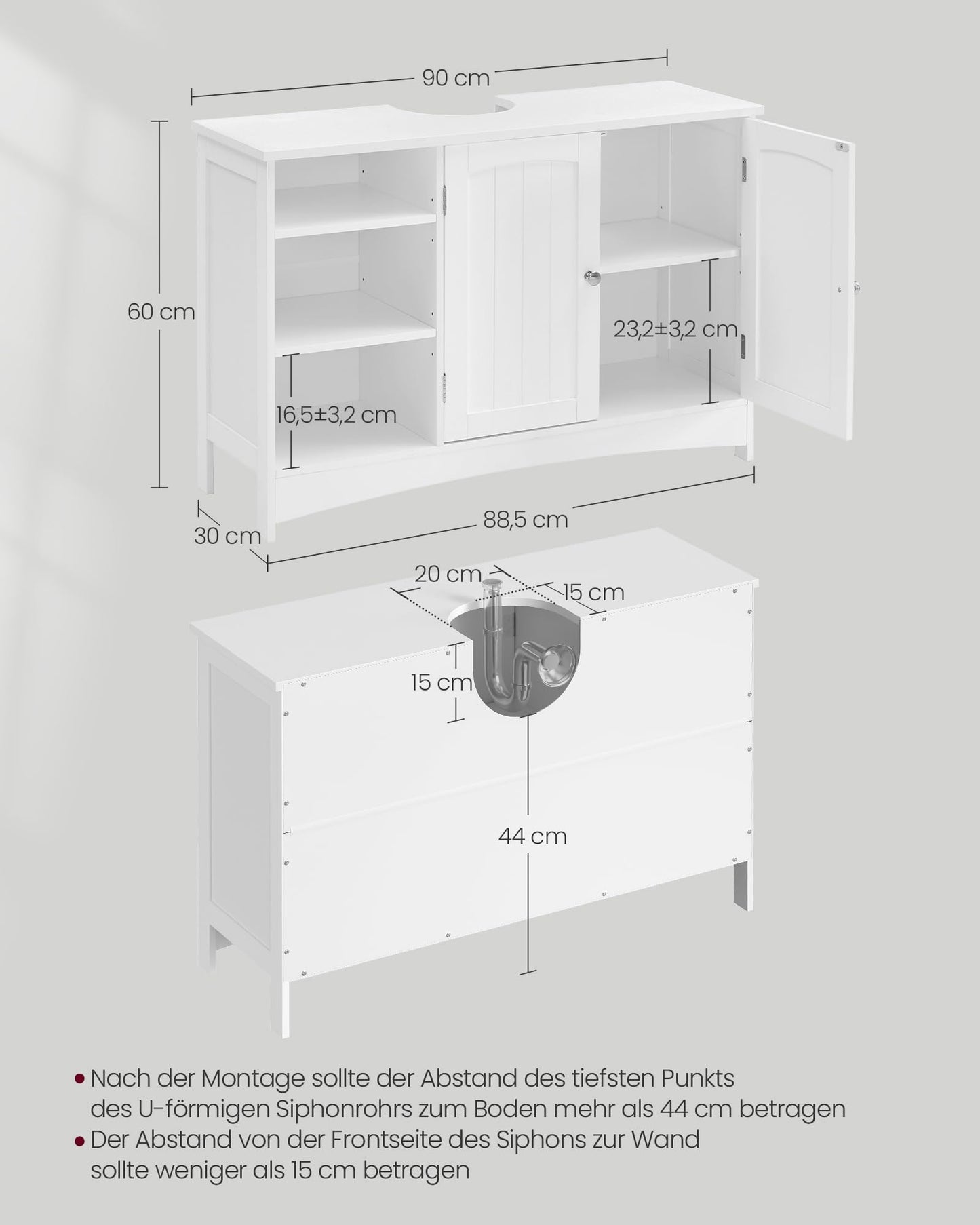 VASAGLE BBC410P31 Vanity Unit Extra Long 30 x 90 x 60 cm 2 Doors Bathroom Cabinet Open Compartments Height Adjustable Shelves White